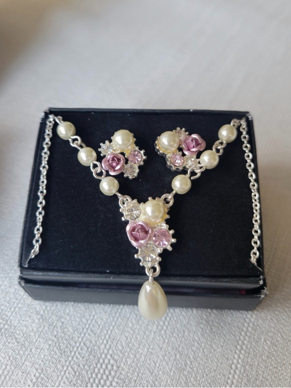 Avon Silver Tone Necklace and Earrings Set with Pink Roses and Pearl Accents